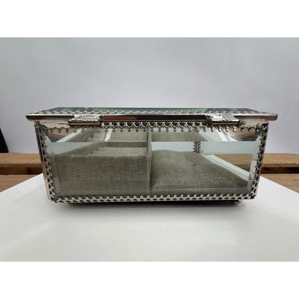 Nicole Miller Home Glass Jewelry Box Silver Filigree Beveled Ring‎ Organizer